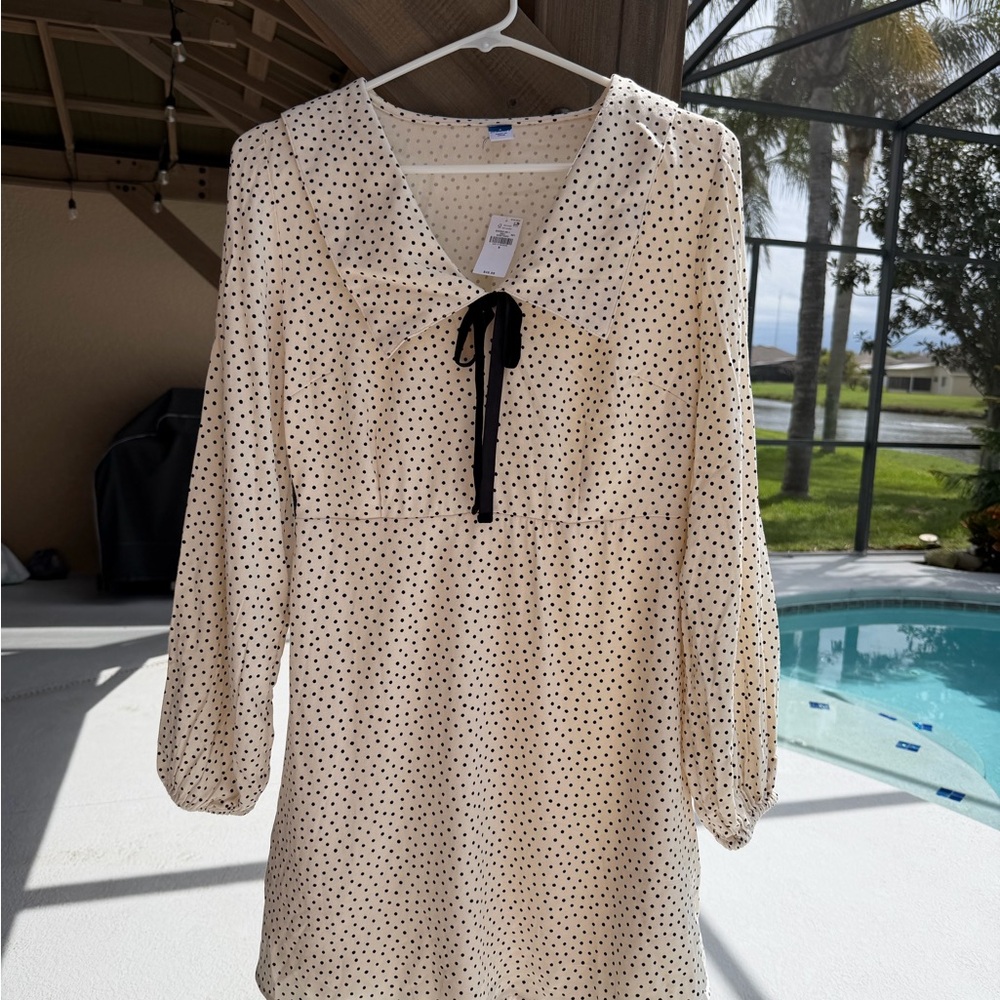 Old Navy Cream Polka Dot Long-Sleeve Dress with Black Tie